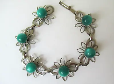 Vintage Silver Tone And Round Green Moonstone Flower Link Bracelet 7 1/2 Inch • $15