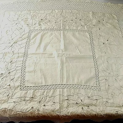 Vintage Hand Crocheted Tablecloth Runner Vanilla Embroidered Cutwork 41  X 41  • $23.25