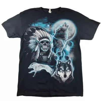 Gildan Wolf Native American Cosmic Graphic T Shirt Size M Navy Mens • £12.99