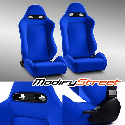 2 X BLUE Fabric LEFT/RIGHT RACING RECLINABLE SEATS + SLIDER CLASSIC STYLE • $319.98