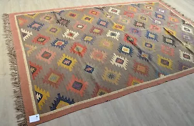 Kilim Rug Indian Jute Wool Large Hand Knotted 180x275cm 6x9ft Geometric KR1907 • $449.91