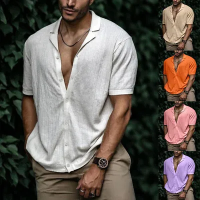 $18.99 • Buy Men V-neck Short Sleeve Shirt Loose Summer Casual Beach Solid Color Blouse Tops
