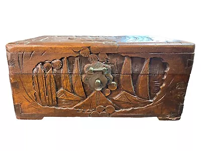 Oriental Carved Jewelry Box Wood Deep Relief Metal Latch Vintage 10  X 6  X 4.5  • $59.99