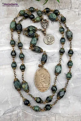 Devotional Archangel Michael St George Green Jasper Vintage Bronze Chaplet • $129