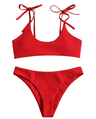 Zaful Women's Sexy Tie Shoulders Ribbed Bikini Swimsuit Set JM4 Love Red LARGE • $10.95