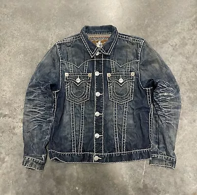 True Religion Jimmy Serape Big T Blue Denim Distressed Jacket Size XL • $180