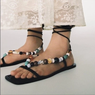 $50 • Buy NWT Zara Beaded Lace Up Square Toe Sandals Black Size 39