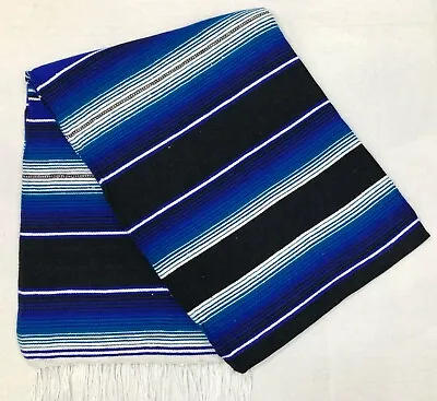 NEW Falsa Mexican Blanket Saltillo Serape Yoga Throw Made In Mexico Blue / Black • $29.95