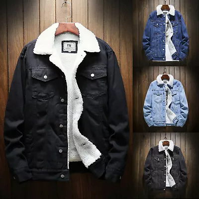 Men Winter Sherpa Lined Denim Jacket Windbreaker Coat Trucker Jacket Wool Lining • $102.90