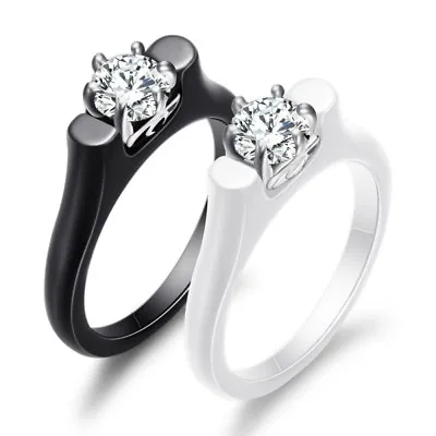 2mm Black/White Ceramic AAA CZ Band Rings Women's Wedding Stylish Ring Size 6-10 • $10.99