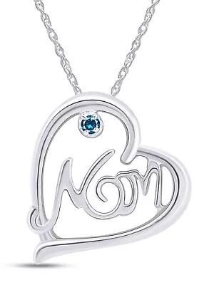 Mom Heart Pendant Round Blue Real Diamond Accents Sterling Silver 18  Necklace • $36.79