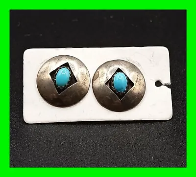 Unique Simple Vintage Navajo Sterling Silver & Turquoise Post Back Earrings  • $34.99