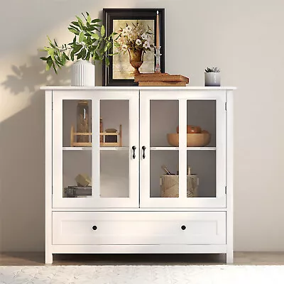 Storage Cabinet Sideboard Kitchen Cabinet With Glass Doors And Bell Handle • $59.49
