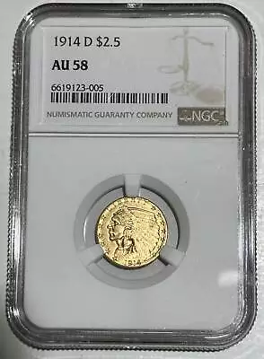 1914 D Gold Quarter Eagles $2 1/2 Indian Head NGC AU-58 • $638.45