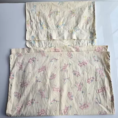 Vintage Hand Sewn BABY ANIMALS Pillowcases For Quilt Craft Sew STAINED REPURPOSE • $10