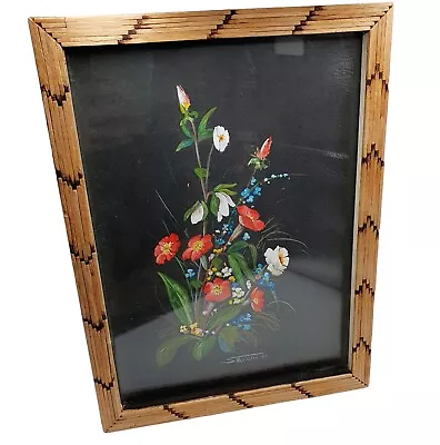 Vintage Floral Painting -:Black Background Flowers Signed Folkart Frame Russian? • $50.83