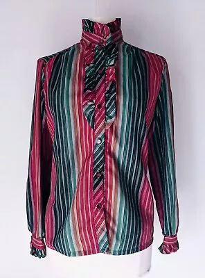 Vintage Lady Holiday Striped Secretary Ruffled Long Slv Blouse Size Medium • $26.99