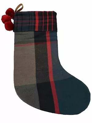 Magnolia Red & Green Plaid Pom Poms Christmas Holiday Gift Present Stocking • $24.99