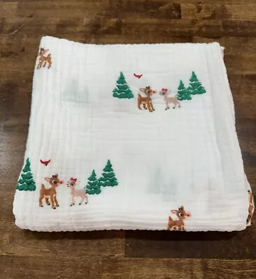 Pottery Barn Kids Rudolph Muslin Organic Cotton Swaddle Blanket Christmas Print • $13.99