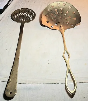 2 Large Vintage All-brass Sifting Strainer Spoon Ladles - Each Is Over 15  Long • $39.95