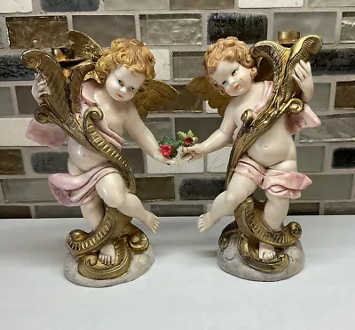 Fontanini Resin Cherub Angel Candle Holders Pair 5042 And 5043 Italy Vintage • $29.99