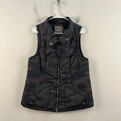 Maurices Womens Large Vest Top Black Green Camo Quilted Zipper Pockets 22316 • $25.35