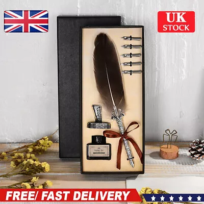 Retro Quill Dip Pen Signing Writing Ink Set Calligraphy Feather Fountain Gift • £8.98