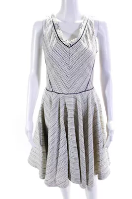 Z Spoke Zac Posen Womens Striped Fringe V Neck A Line Dress Cream Blue Size 4 • $60.99