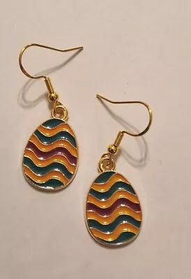 Enamel Multicoloured Easter Egg Charm Drop Earrings On 925 Gold Fish Hooks • £2.75