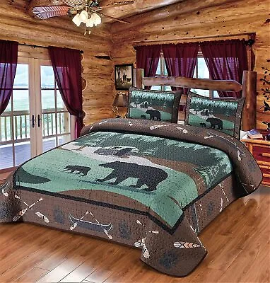 Bear King Quilt Set Lodge Cabin Bedding RV Camper Camping Bedspread Coverlet • $82.99