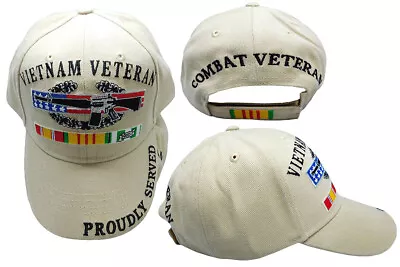 Vietnam Veteran Proudly Served Combat Veteran Ribbon Khaki Embroidered Cap Hat  • $15.44