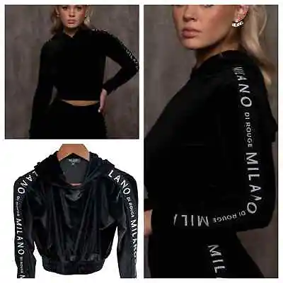 Milano Di Rouge Nuski Black Cropped Hoodie Top Size Medium Velvet Velour Track • $55