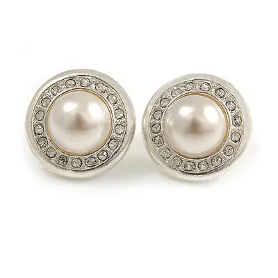 Clear Crystal Faux Pearl Button Shape Stud Earrings In Silver Tone - 18mm D • £10.80