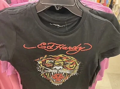 Ed Hardy RHINESTONE Tiger Crop Tee T Shirt Womens Large Black Cropped • $31.95