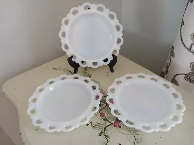 3 Anchor Hocking White Milk Glass Open Lace Edge Old Colony Salad Plates • $29.99