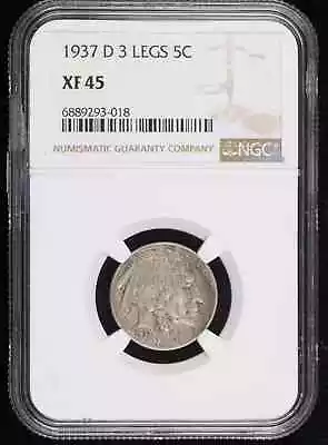 1937 D 3 LEGGED Nickel Indian Head Or Buffalo NGC XF-45 • $977.46
