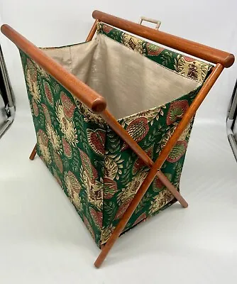 Vintage MCM Folding Sewing Knitting Stand Caddy Bag Floral Wood Frame Barkcloth? • $48