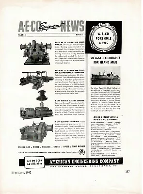 1942 A-E-CO Ships Deck Auxiliaries Windlass Capstan Winch Vintage Print Ad  • $8.95