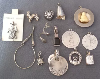 14 Pc Lot VTG Pendant Charm Sterling Silver Animal Buddha Heart Claddagh Flower+ • $29.99