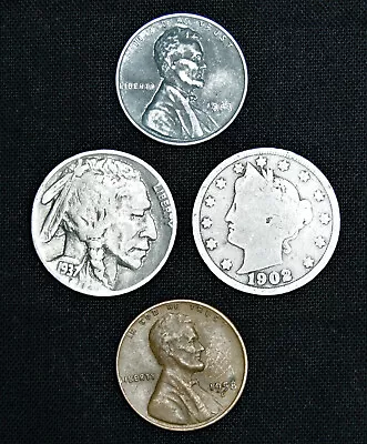 $6.50 • Buy  Liberty V Nickel (4) Lot - Buffalo Steel Wheat Lincoln Cent Mixed Old US Coins 