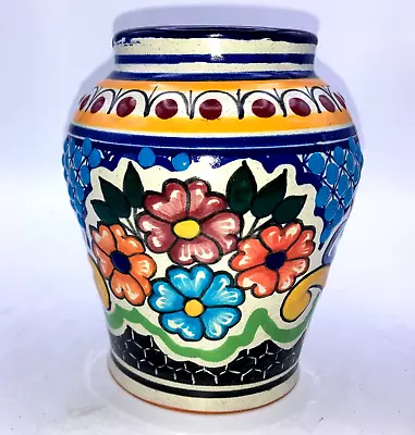 Mexican Pottery Vase Vintage Flowers TALAVERA Signed Del Angel 5  X 5 1/2  Tall • $17