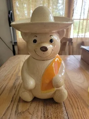 Vintage Metlox Teddy Bear Cookie Jar Poncho With Sombrero • $15