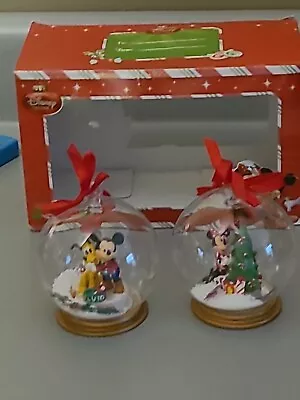 DISNEY Mickey Pluto Minnie Tree Mouse Snow Globe Ornaments 2010 Boxed (Set Of 2) • $29.95