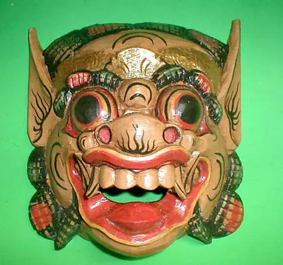 Mask Bali Demon Raksaksa Handmade Wood Small 8.5 X 8 Inch Brown Red Black White • $76.50