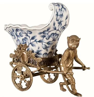 Bronze Ormolu Monkey Porcelain Planter Pulling Ricksaw Cart Basin Blue White • $498