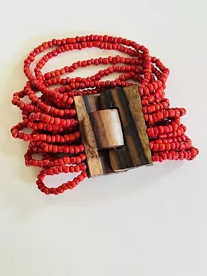 BRACELET MONIES GERDA LYNGGAARD Style Wood Buckle Multi Glass Red Beaded Rare • $27