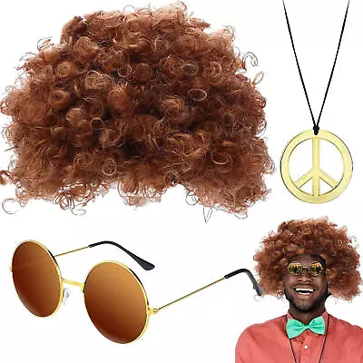 60s 70s MENS HIPPIE HIPPY AFRO CURLY WIG SUNGLASSES TASH 1970s FANCY DRESS • $10.34