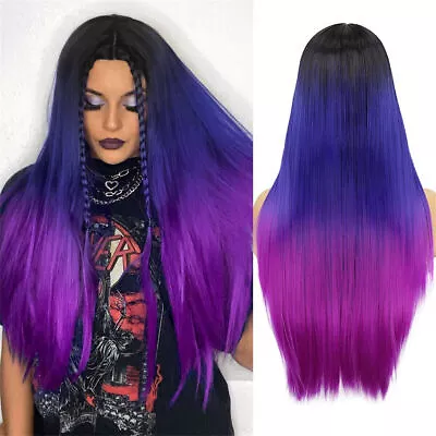 Women Rainbow Wigs Black To Blue To Purple Long Straight Colored Ombre Hair Wigs • £22.31