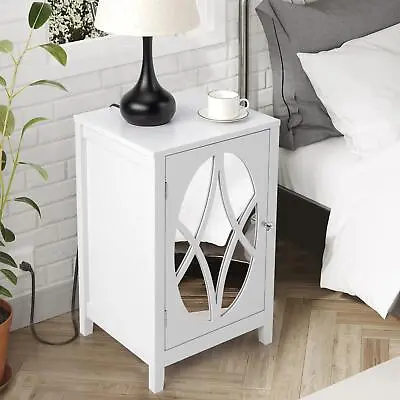 Mirrored Nightstand With Door Cabinet Home Office Bedroom Bedside Table 2 Shelve • $60.89