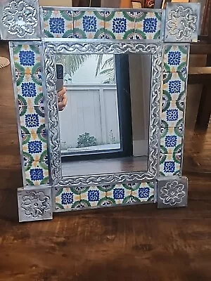 Punched Silver Tin Hand Made Mexican Real Tile Talavera Wall Mirror 13.5 X 15.5  • $49.99